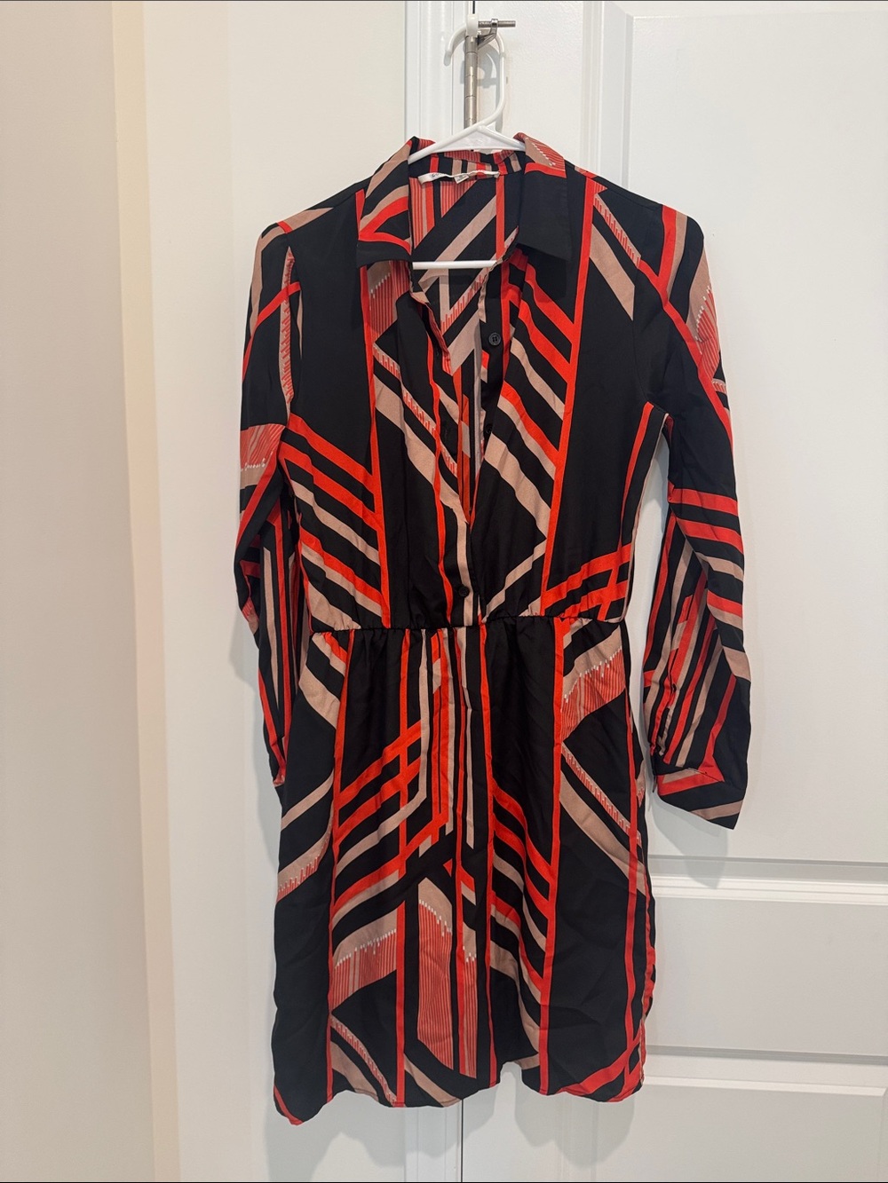 Collective Concepts Black Red and Cream Geometric Mini Shirt Dress